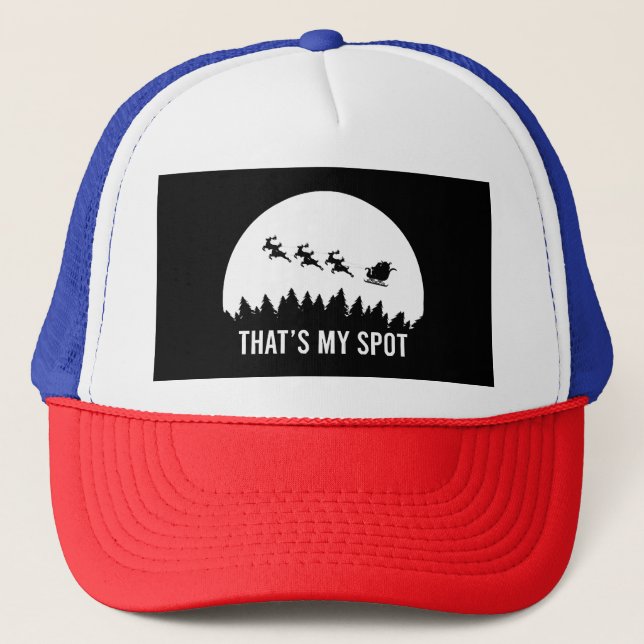 Funny That's My Spot Xmas Session, Santa on Sleigh Trucker Hat (Front)