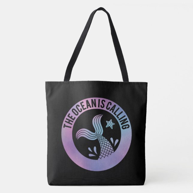 Funny The Ocean Is Calling Mermaid Galaxy Black Tote Bag (Front)