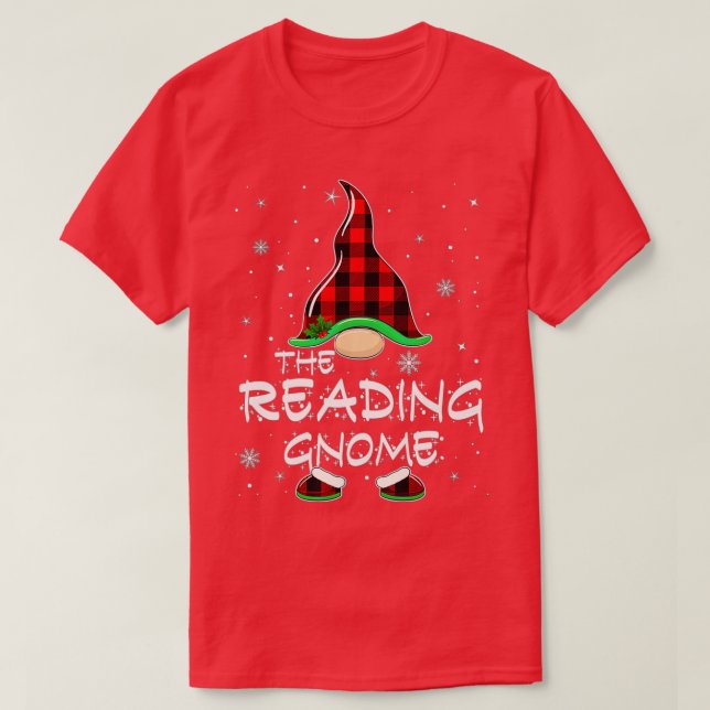 Funny The Reading Gnome Red Buffalo Plaid Christma T-Shirt (Design Front)