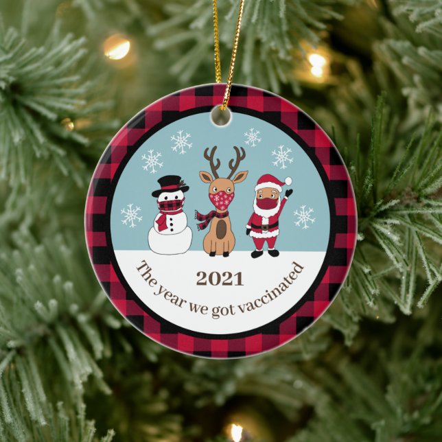 Funny The Year We Got Vaccinated Buffalo Plaid Ceramic Ornament (Tree)
