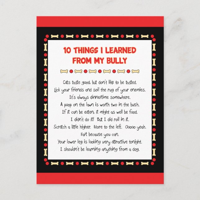 Funny Things I Learned From My Bully Postcard (Front)