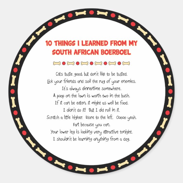 Funny Things I Learned From South African Boerboel Classic Round Sticker (Front)