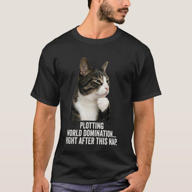 Funny Thinking Cat - Plotting World Domination Aft T-Shirt (Front)
