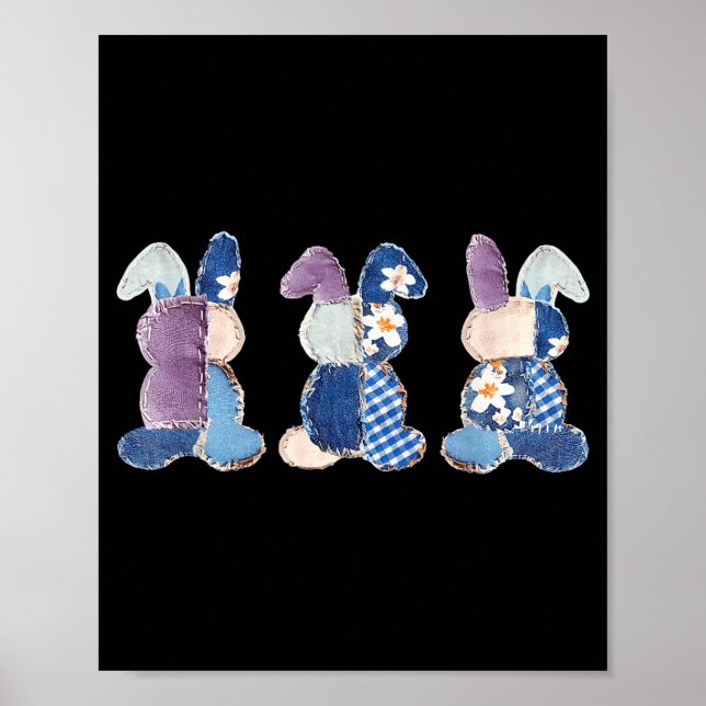 Funny three bunnies patchwork eggs rabbit happyFun Poster (Front)