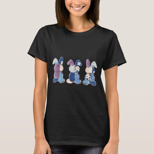 Funny three bunnies patchwork eggs rabbit happyFun T-Shirt (Front)
