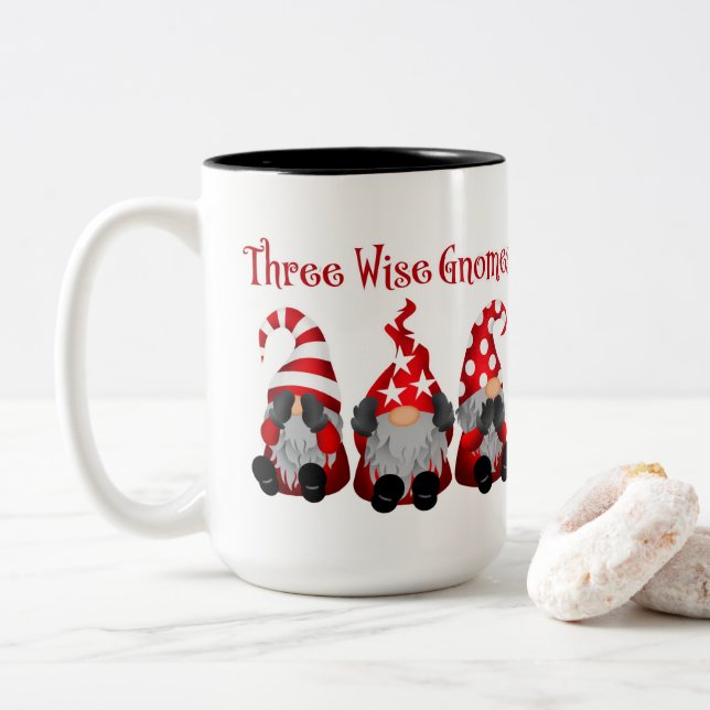 funny three wise gnomes Christmas Two-Tone Coffee Mug (With Donut)