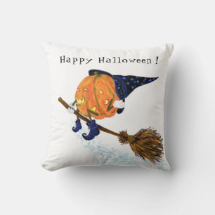 Funny Throw Pillow Halloween Witch Pumpkin Flying
