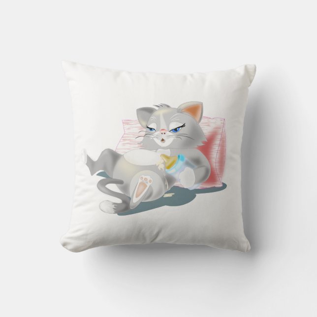 Funny Throw Pillow with Baby Cat Drinking Milk (Front)