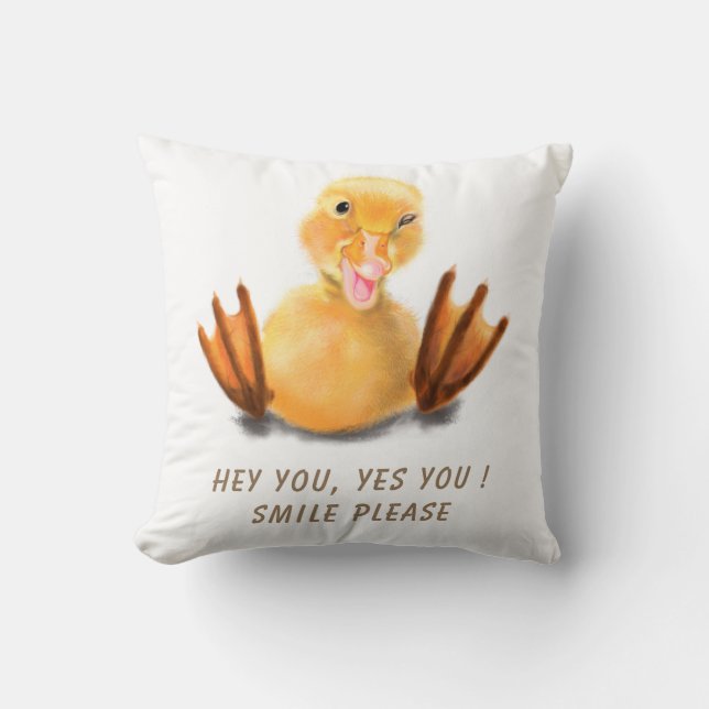 Funny Throw Pillow with Playful Duckling - Smile (Front)