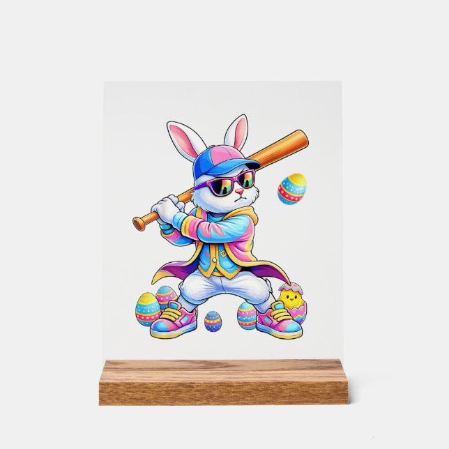 Funny Tie Dye Rabbit Baseball Easter Bunny Men Boy Acrylic Sign (Front)