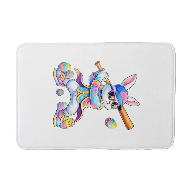 Funny Tie Dye Rabbit Baseball Easter Bunny Men Boy Bath Mat (Front)