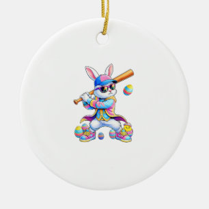 Funny Tie Dye Rabbit Baseball Easter Bunny Men Boy Ceramic Ornament
