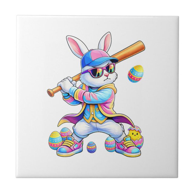 Funny Tie Dye Rabbit Baseball Easter Bunny Men Boy Ceramic Tile (Front)