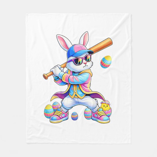 Funny Tie Dye Rabbit Baseball Easter Bunny Men Boy Fleece Blanket (Front)