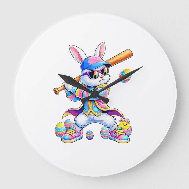 Funny Tie Dye Rabbit Baseball Easter Bunny Men Boy Large Clock (Front)