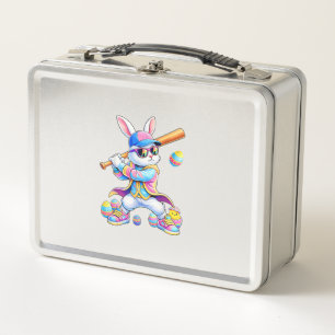 Funny Tie Dye Rabbit Baseball Easter Bunny Men Boy Metal Lunch Box