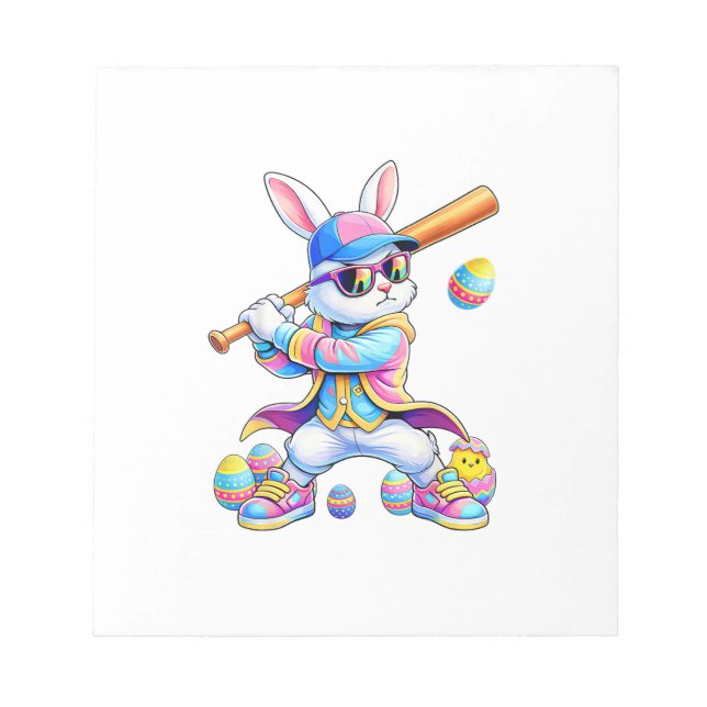 Funny Tie Dye Rabbit Baseball Easter Bunny Men Boy Notepad (Front)