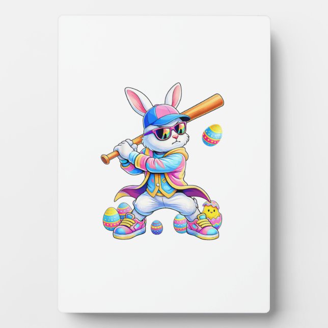 Funny Tie Dye Rabbit Baseball Easter Bunny Men Boy Plaque (Front)