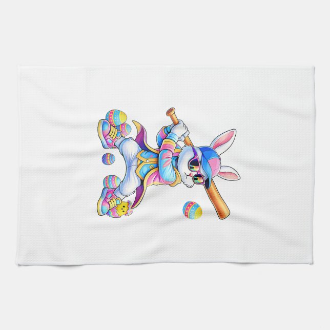 Funny Tie Dye Rabbit Baseball Easter Bunny Men Boy Tea Towel (Horizontal)