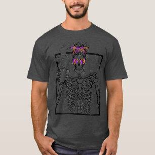 Funny TieDye Leopard Skeleton Coffee Halloween Cos T-Shirt