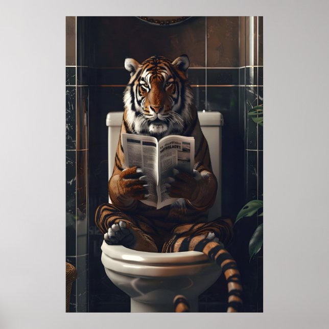 Funny Tiger Bathroom Print, Reading Newspaper on Poster (Front)