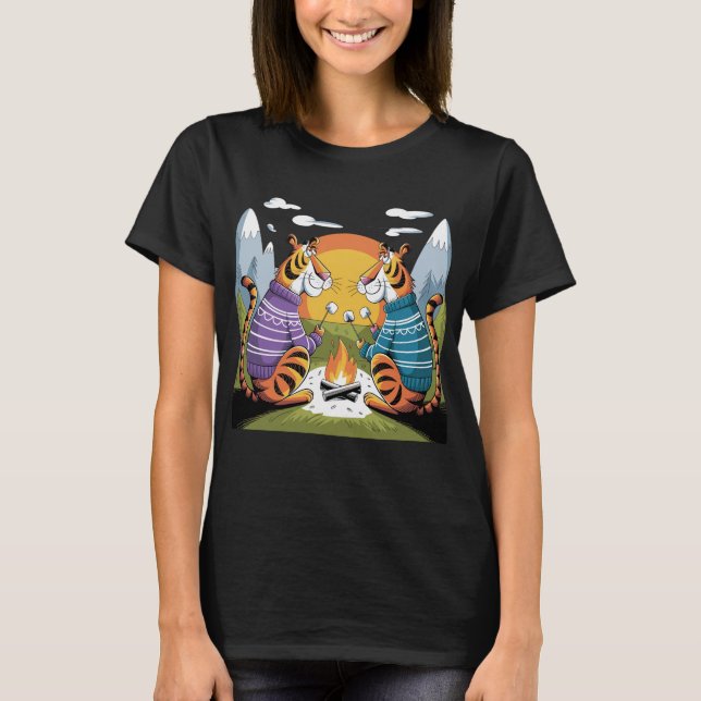 Funny Tigers Roasting Marshmallows Art T-Shirt (Front)