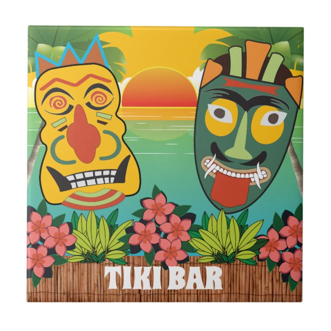 Funny Tiki Faces with tropical sunset Ceramic Tile (Front)