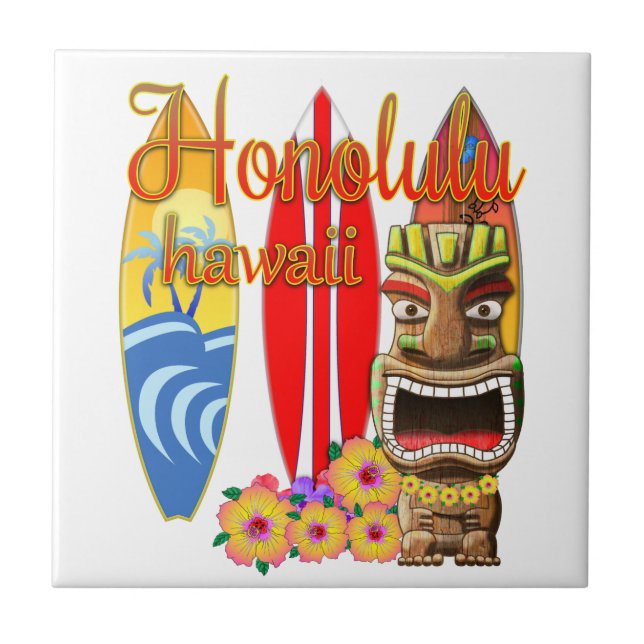 Funny Tiki Honolulu Hawaii Surfing Ceramic Tile (Front)