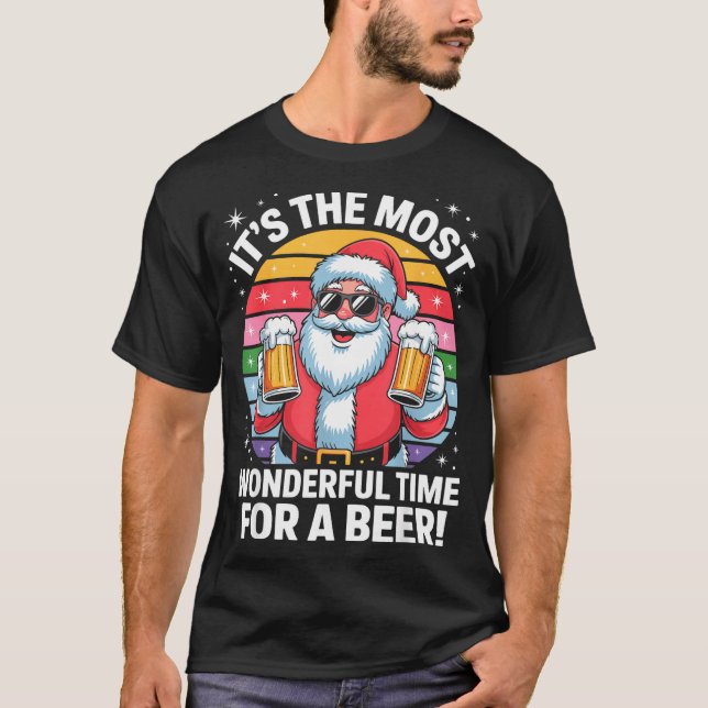 Funny Time For A Beer Santa Christmas  T-Shirt (Front)