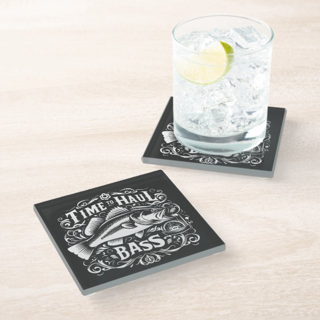 Funny Time to Haul Bass Fishing Boat Glass Coaster (Angled)