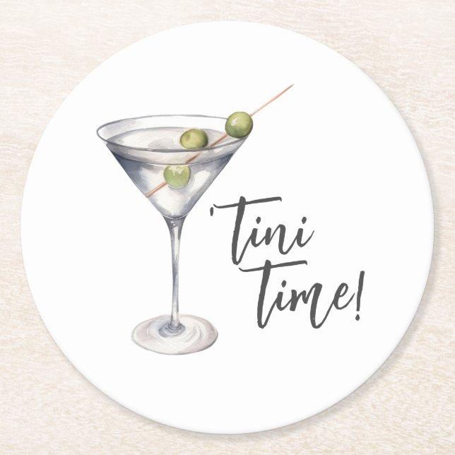 Funny 'Tini Time Martini Cocktail Round Paper Coaster (Front)