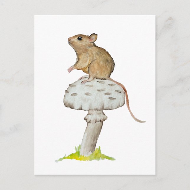 Funny tiny mouse on a mushroom watercolor postcard (Front)