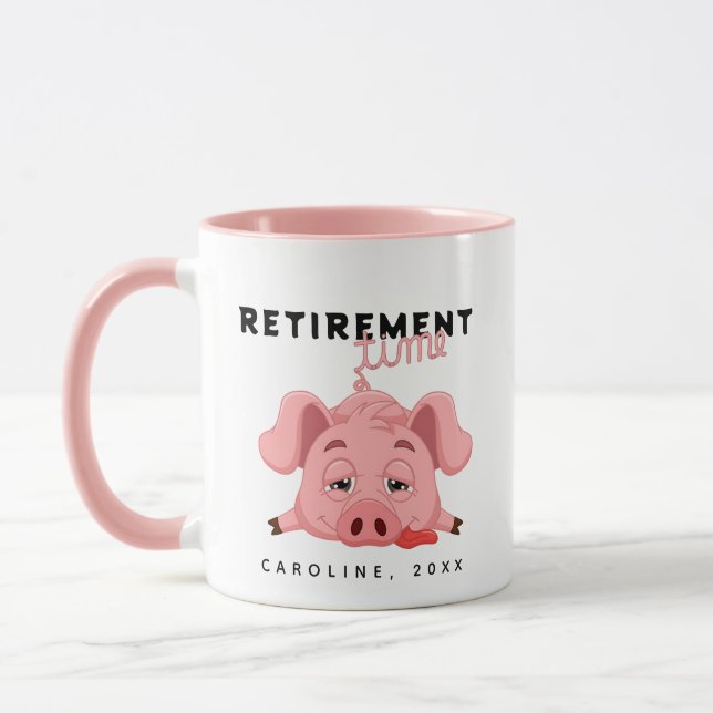 Funny Tired Piglet Retirement Time Pink Mug (Left)