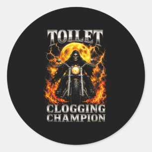 Funny toilet clogging champion skeleton biker classic round sticker