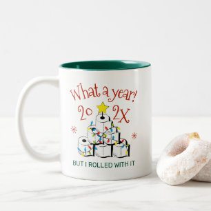 Funny Toilet Paper Christmas Tree What A Year 2021 Two-Tone Coffee Mug