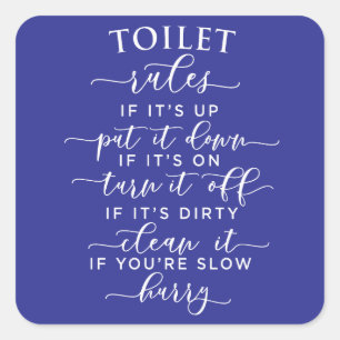 Funny Toilet Rules – Elegant White Text on Black Square Sticker