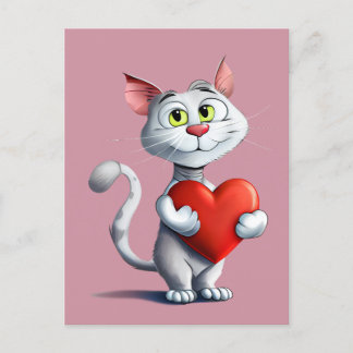 Funny Tomcat Holding a Big Heart Postcard