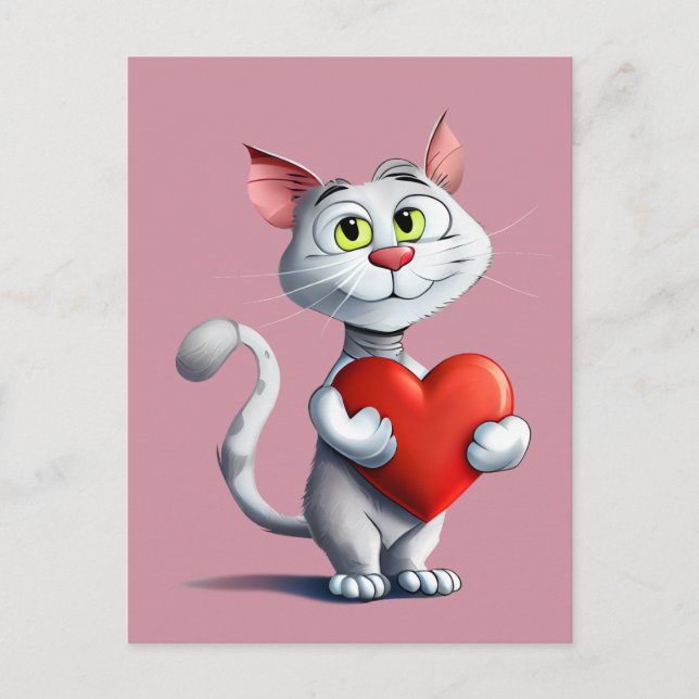 Funny Tomcat Holding a Big Heart Postcard (Front)