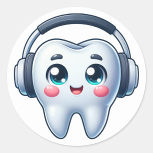 Funny Tooth with Headphones Classic Round Sticker