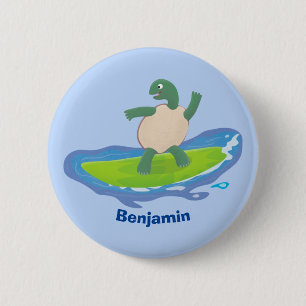 Funny tortoise wave surfing cartoon 6 cm round badge