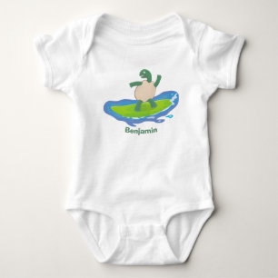 Funny tortoise wave surfing cartoon  baby bodysuit