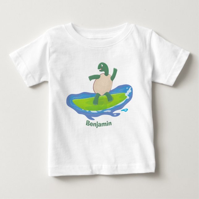 Funny tortoise wave surfing cartoon  baby T-Shirt (Front)