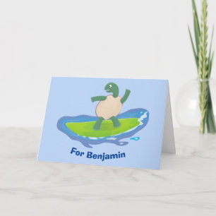Funny tortoise wave surfing cartoon  card
