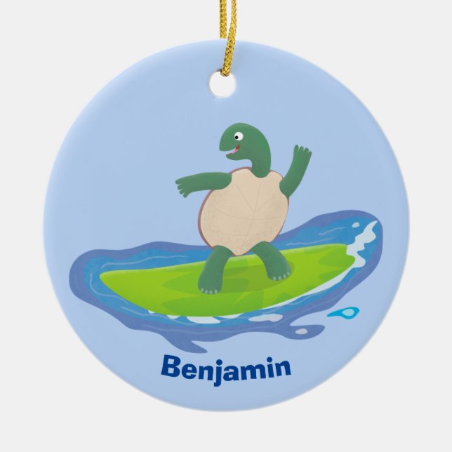 Funny tortoise wave surfing cartoon ceramic ornament (Front)