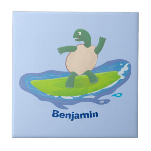 Funny tortoise wave surfing cartoon ceramic tile