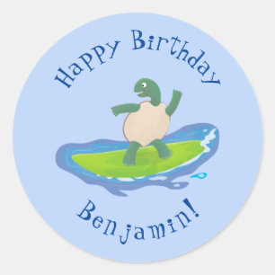 Funny tortoise wave surfing cartoon classic round sticker