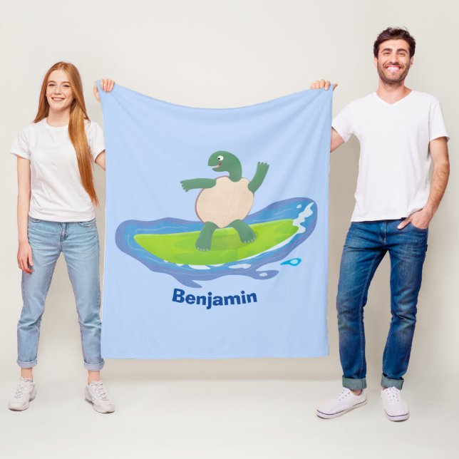 Funny tortoise wave surfing cartoon fleece blanket (In Situ)