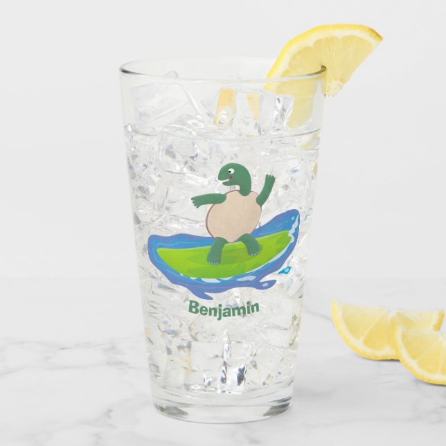 Funny tortoise wave surfing cartoon  glass (Back Ice)