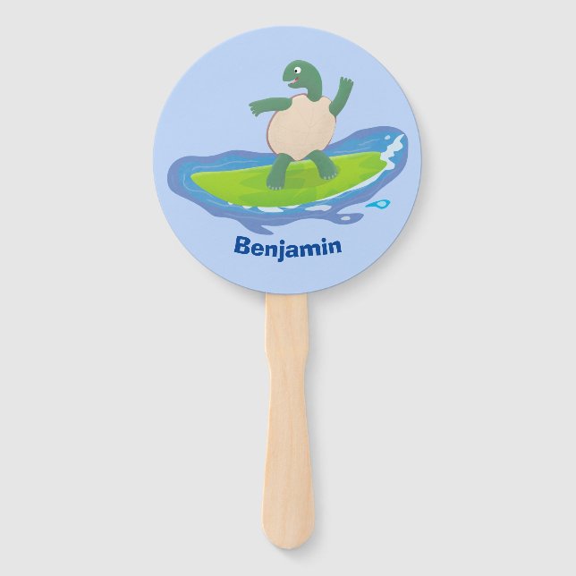 Funny tortoise wave surfing cartoon hand fan (Front)