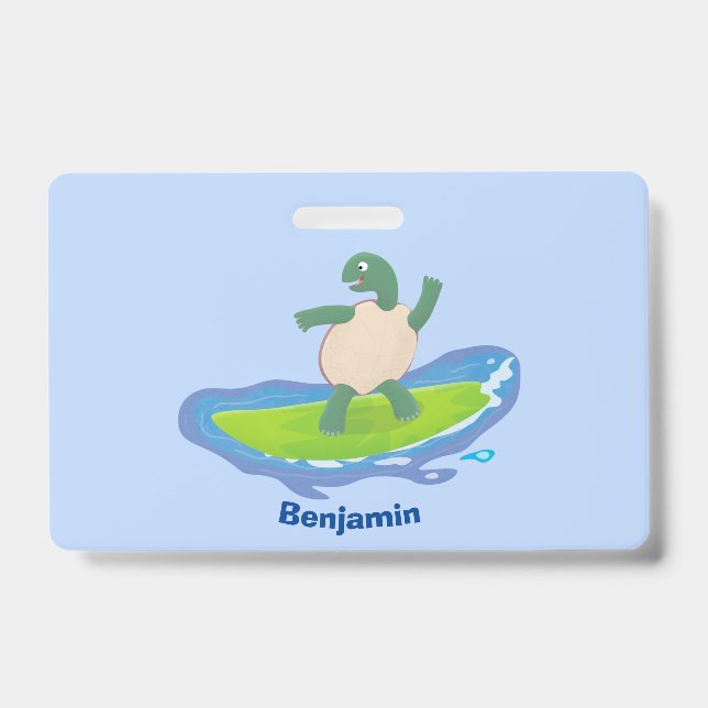 Funny tortoise wave surfing cartoon ID badge (Front)
